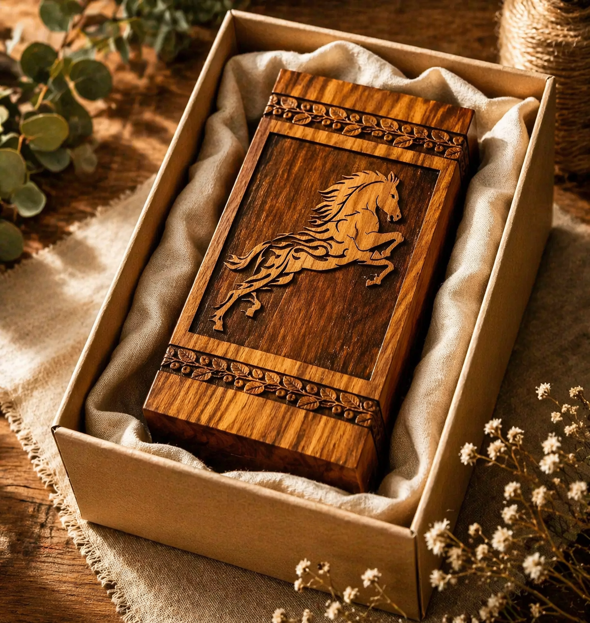 Hand-carved wooden horse cremation urn, angled view