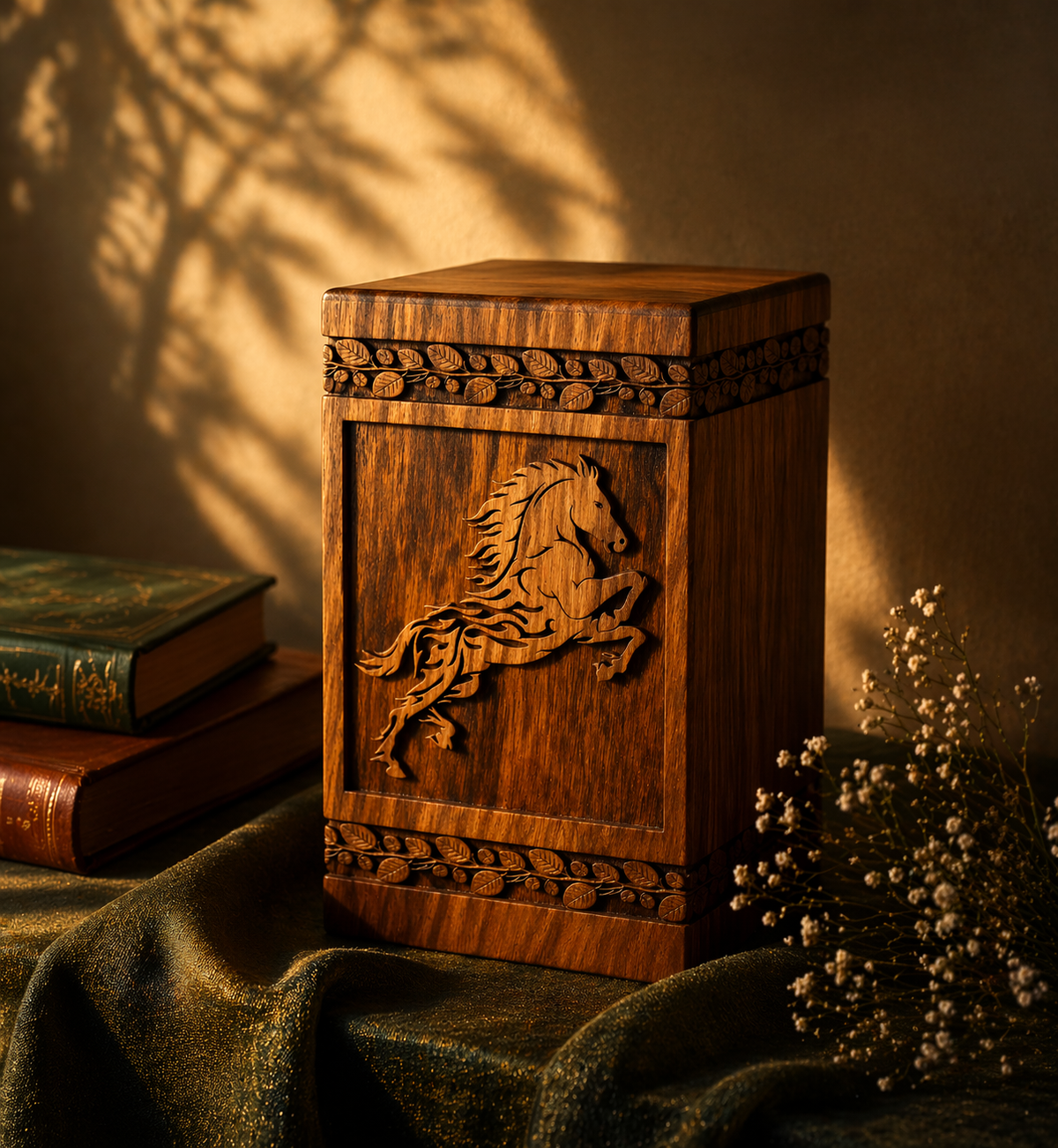 Hand-carved wooden horse cremation urn, front view of horse carving