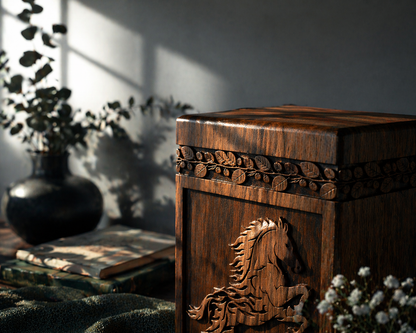 Hand-carved wooden horse cremation urn, side profile view