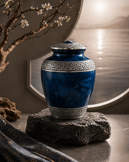 Nocturne Blue ceramic cremation urn, front view of marbled blue finish