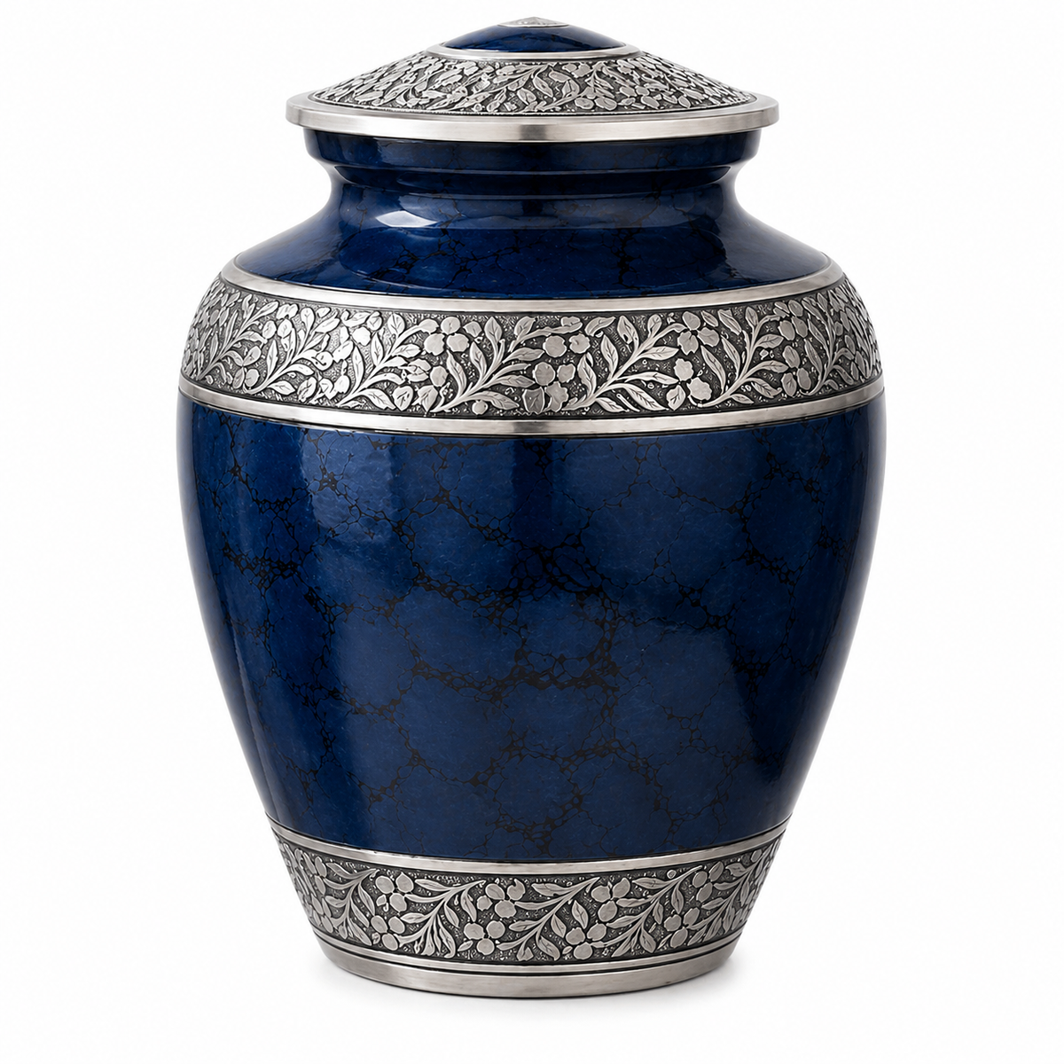 Nocturne Blue ceramic urn displayed on a table