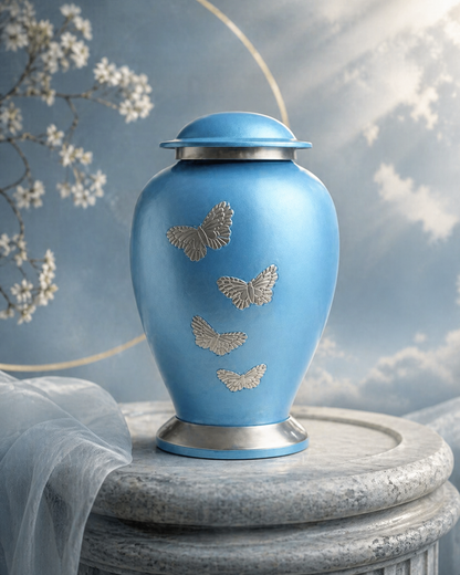 Aether Blue ceramic cremation urn, front view of calm blue glaze