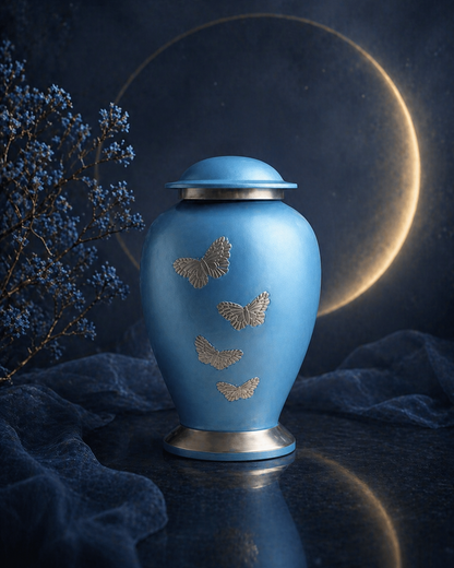 Aether Blue cremation urn, lid detail close-up