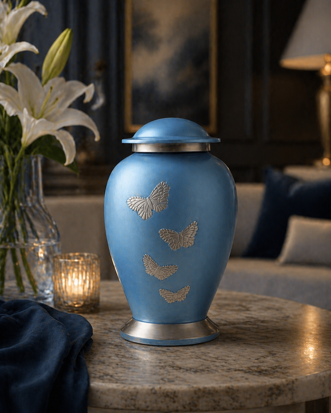 Aether Blue ceramic urn, side profile view