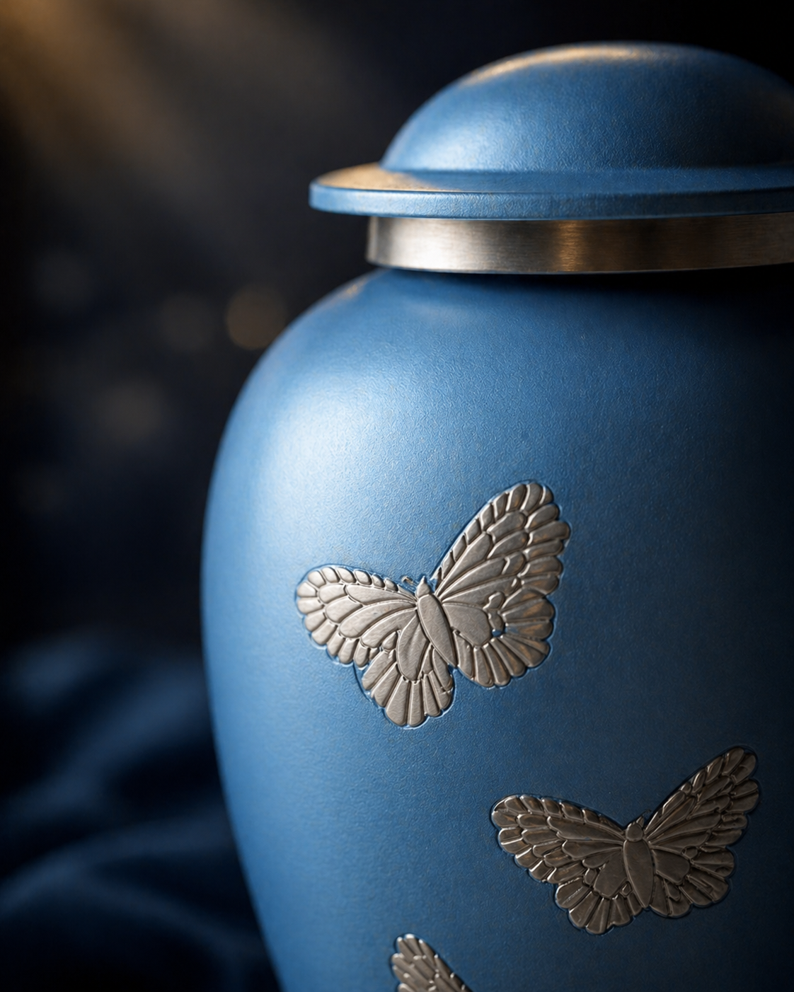 Aether Blue ceramic urn, angled view