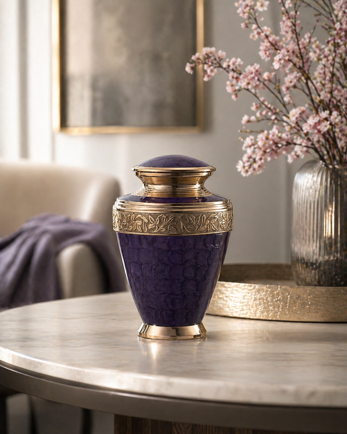 Aurelian Violet cremation urn, lid detail close-up