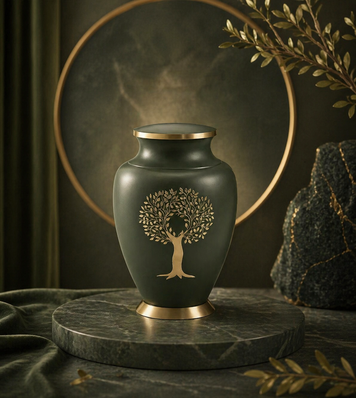 Eden Vessel cremation urn, front view of forest green matte finish