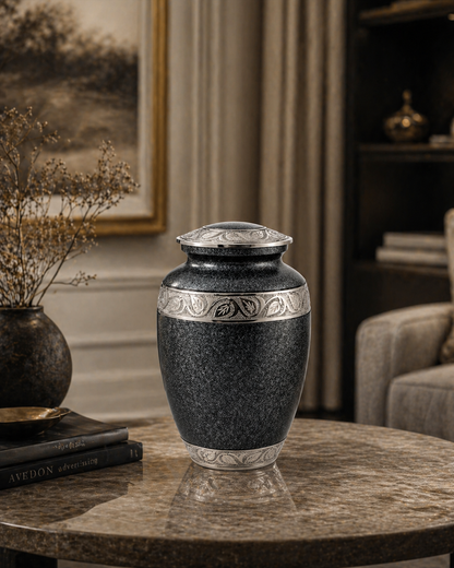 Obsidian Crest ceramic urn, side profile view