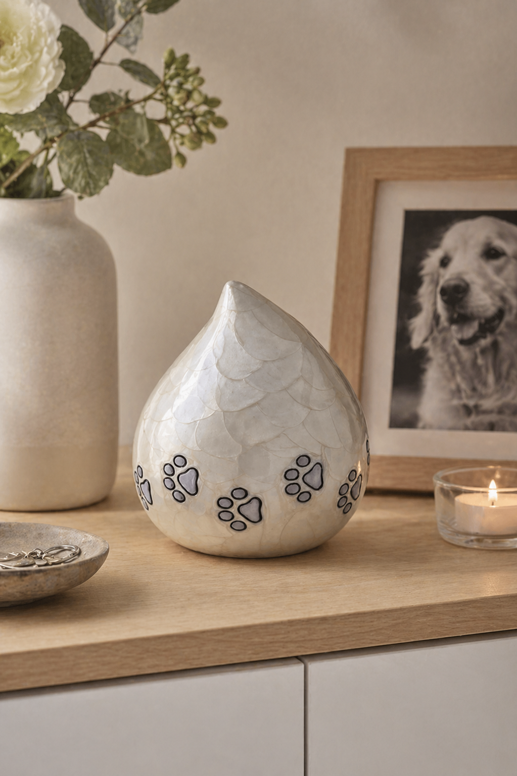 Ivory Paws pet urn, close-up of surface detailing