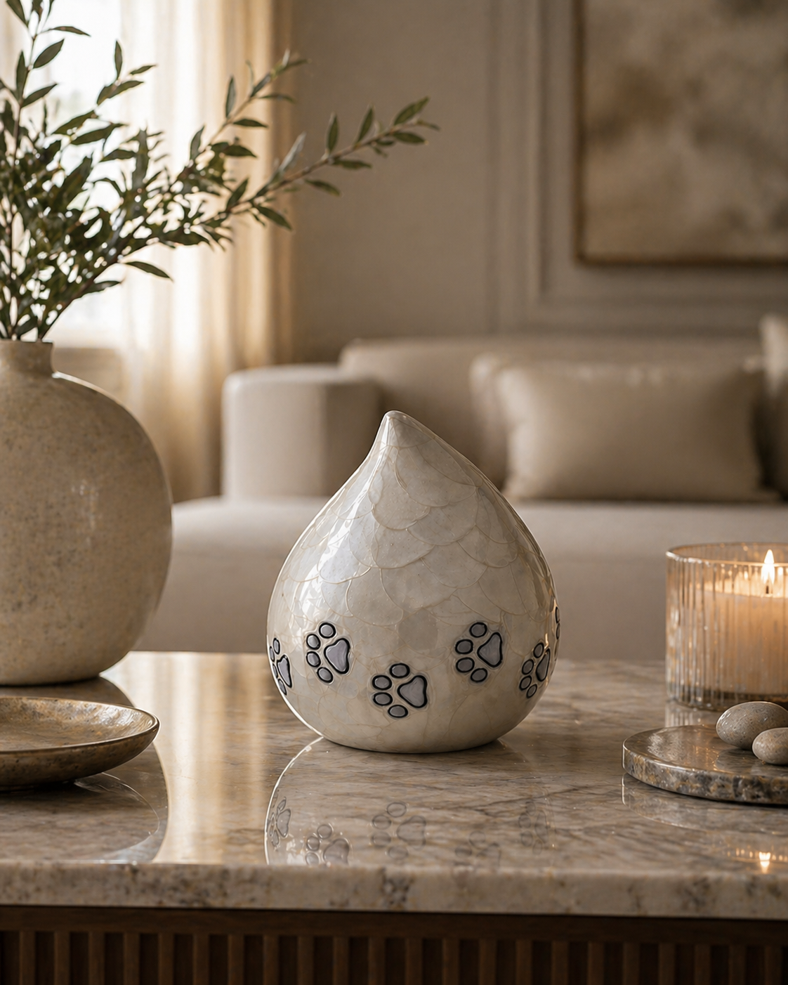 Ivory Paws teardrop pet urn, front view in ivory finish