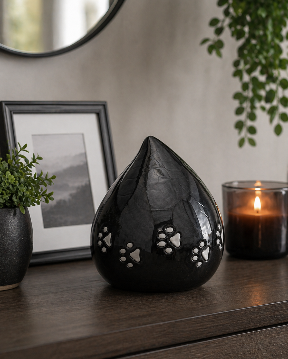 Midnight Paws pet urn, close-up of glossy surface