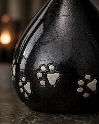 Midnight Paws teardrop urn, side profile view