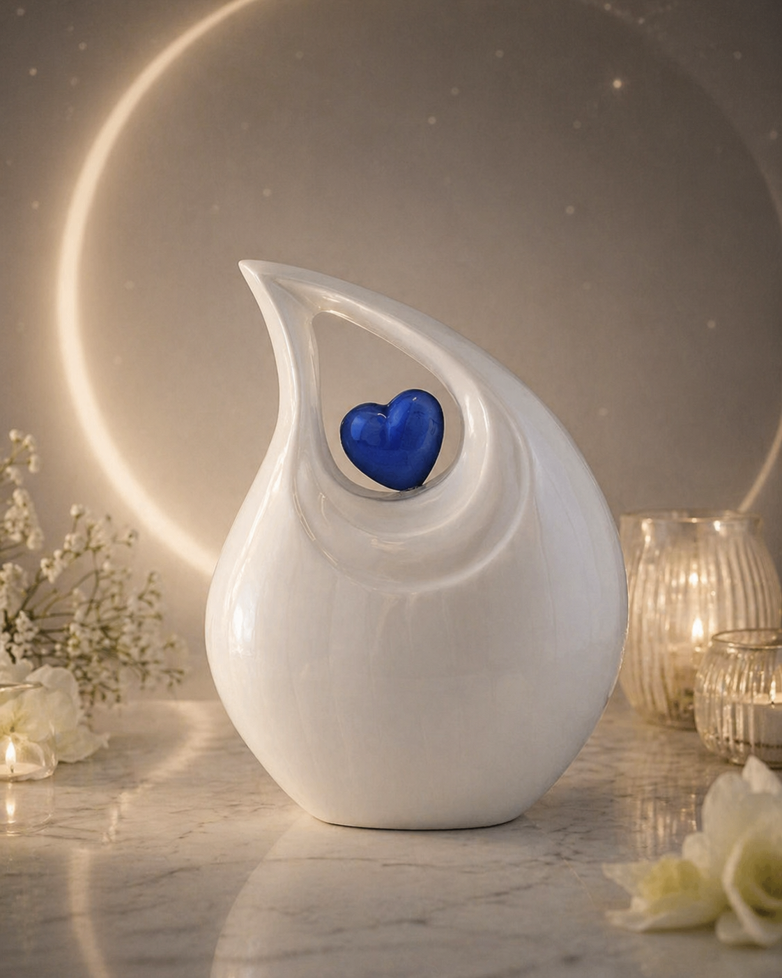 Ivory Heart teardrop urn, side profile view
