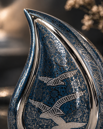 Azure Flight teardrop urn, side profile view