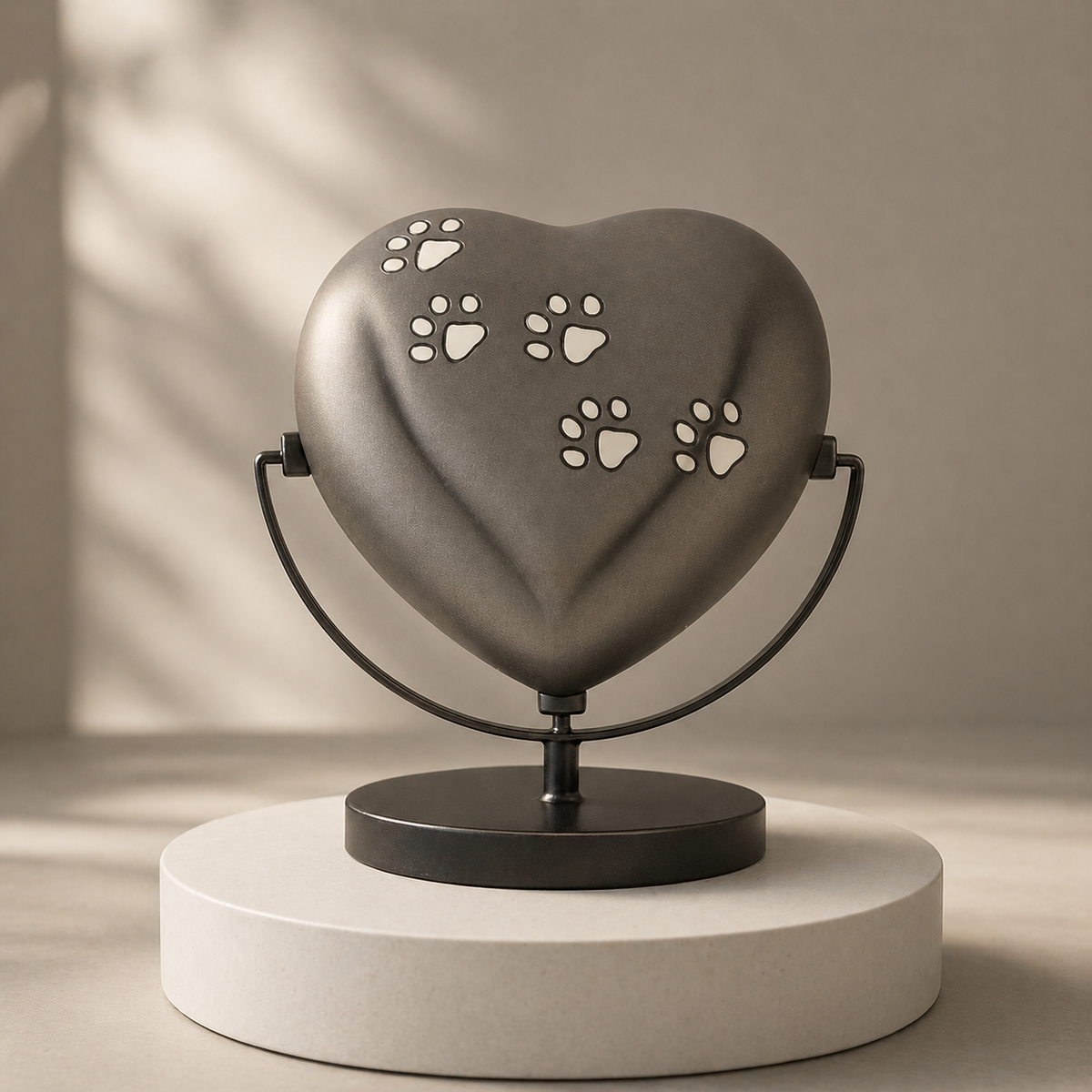 Ashen Paws heart-shaped pet urn, front view