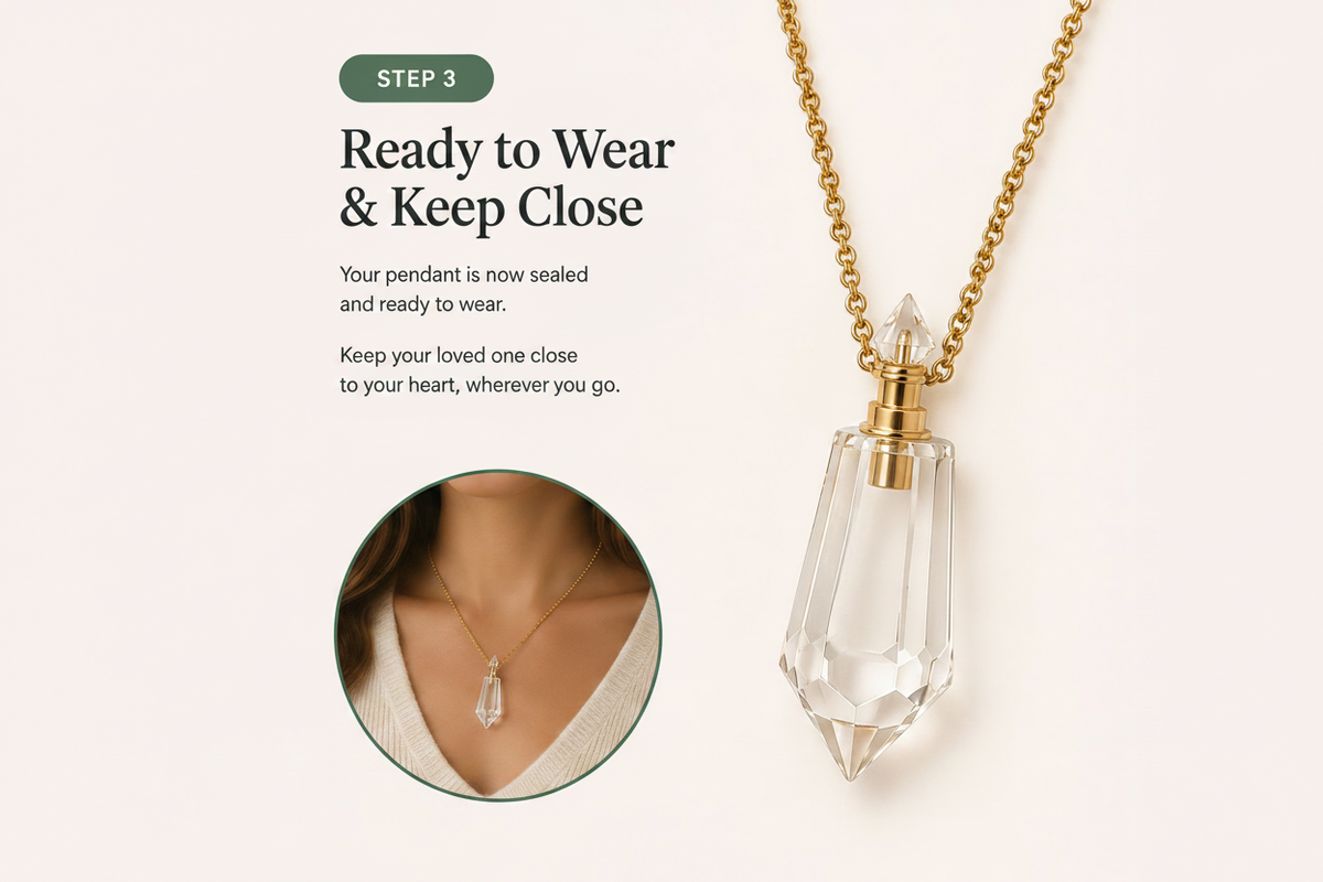 Crystal pendant necklace with gold chain on a white background
