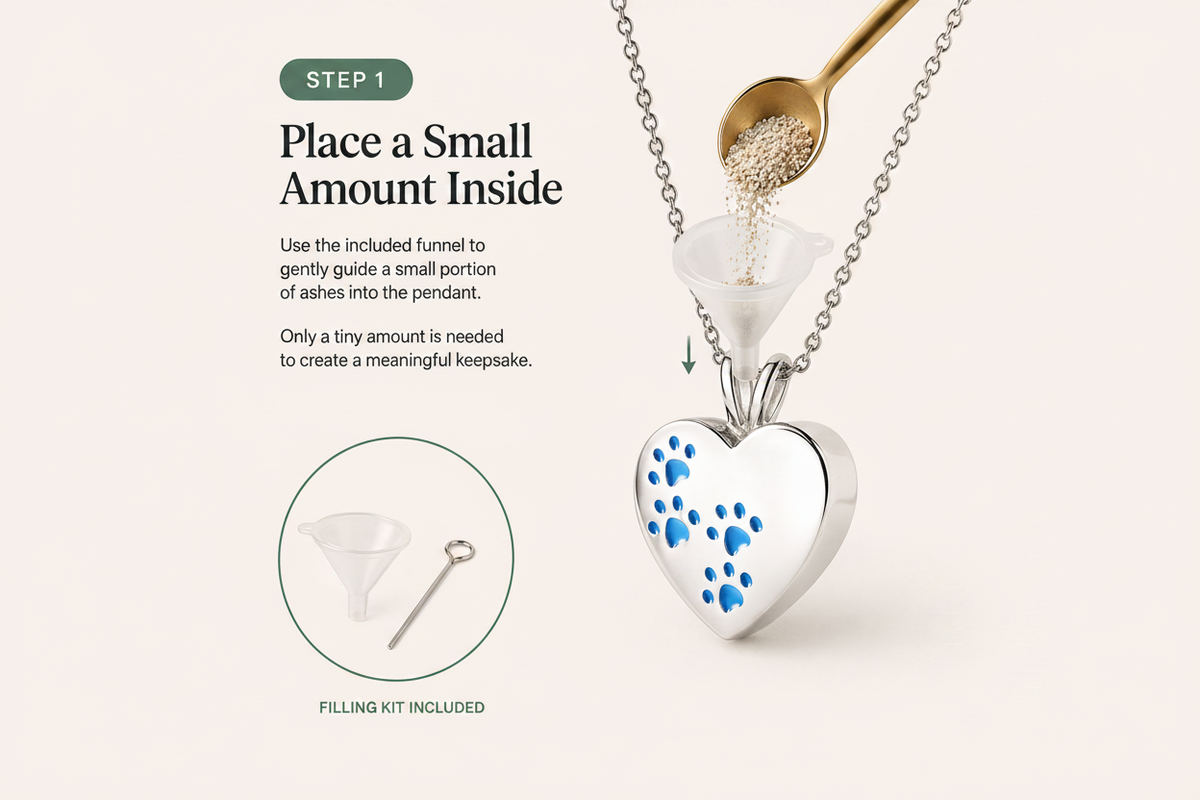 Heart-shaped pendant with paw prints and a funnel for placing ashes, on a light pink background.