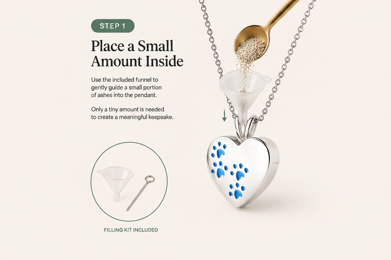 Heart-shaped pendant with paw prints and a funnel for placing ashes, on a light pink background.