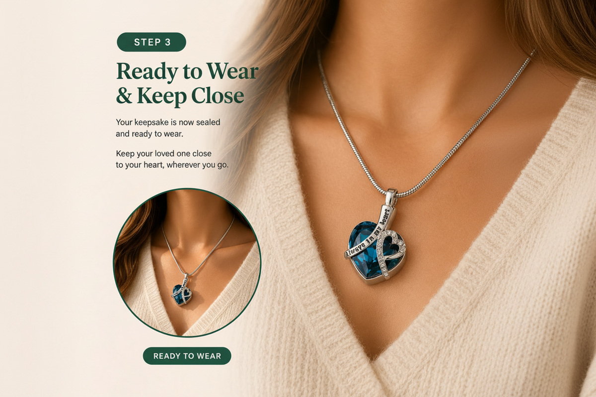 Heart-shaped blue pendant necklace worn by a person with text about keeping it close.
