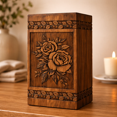 Hand-Carved Wooden Rose Flower Urn