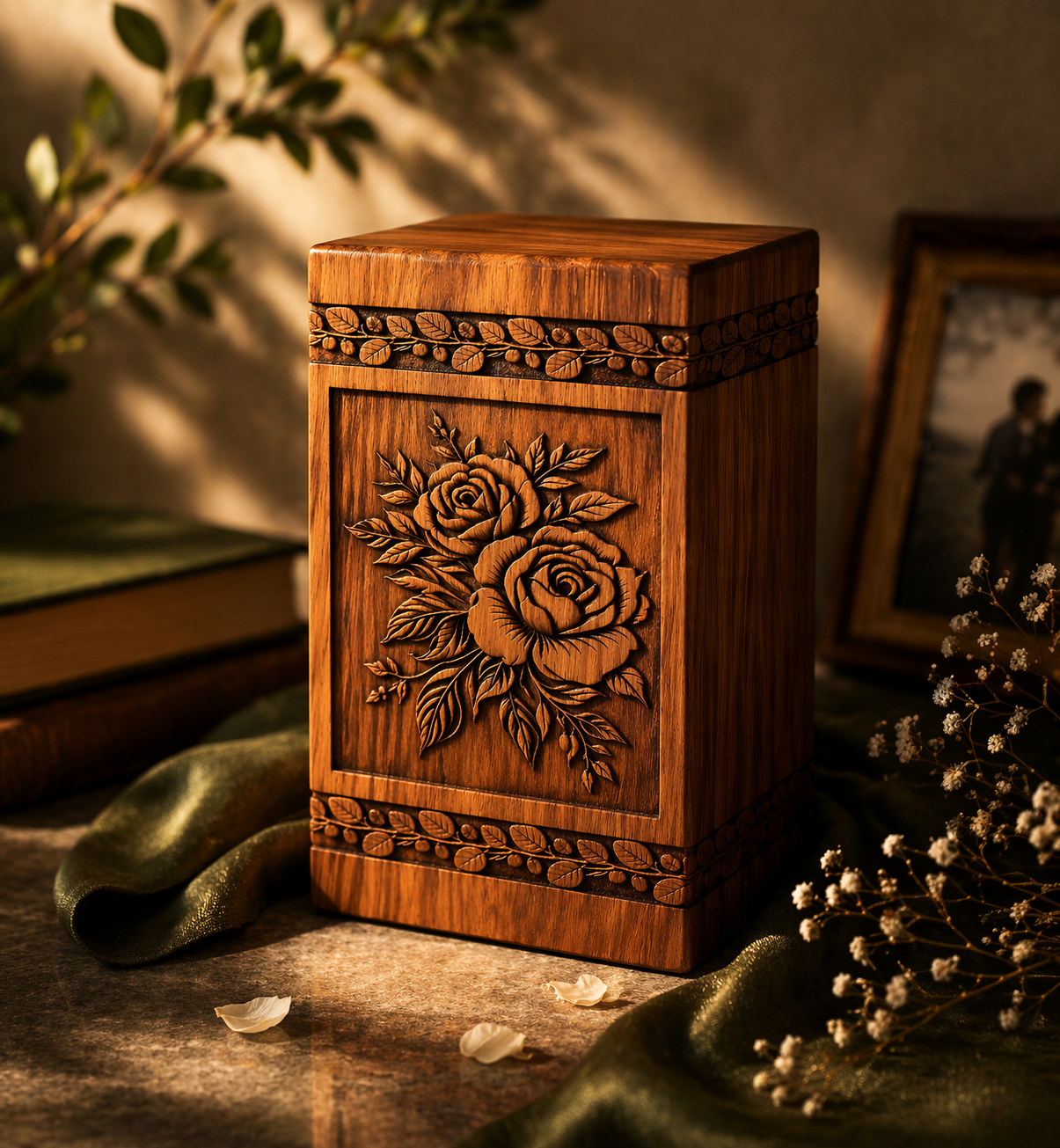 Hand-Carved Wooden Rose Flower Urn