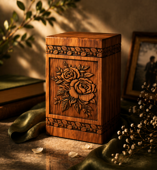 Hand-Carved Wooden Rose Flower Urn