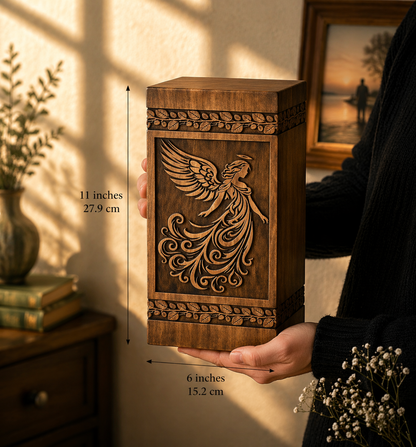 Hand-carved wooden angel urn, close-up of carved angel wings
