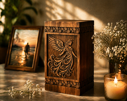 Hand-carved wooden angel cremation urn, front view