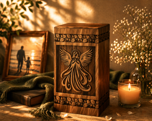 Hand-Carved Wooden Praying Angel Urn