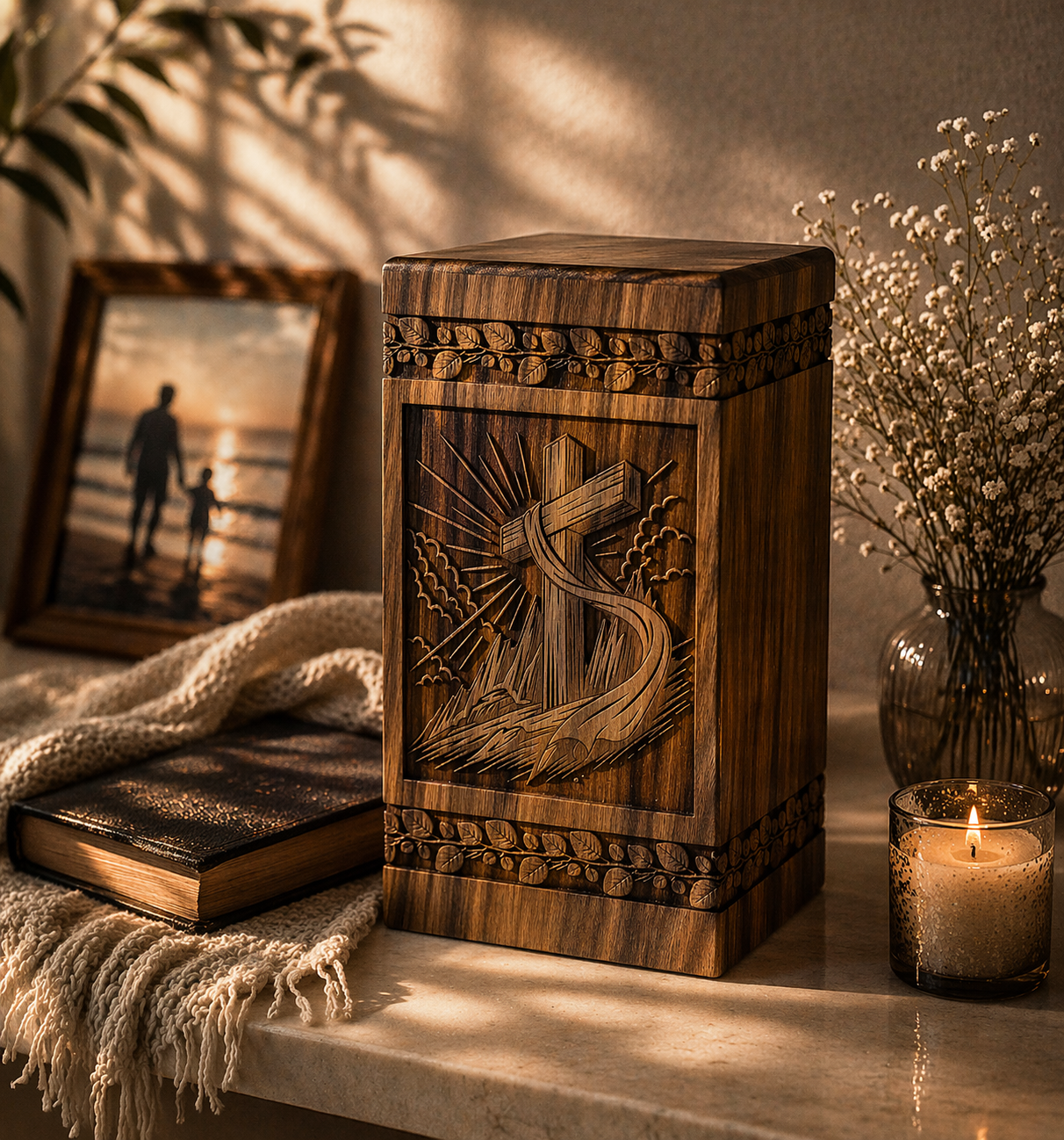 Hand-Carved Wooden Cross Urn