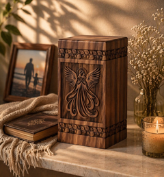 Hand-Carved Wooden Praying Angel Urn