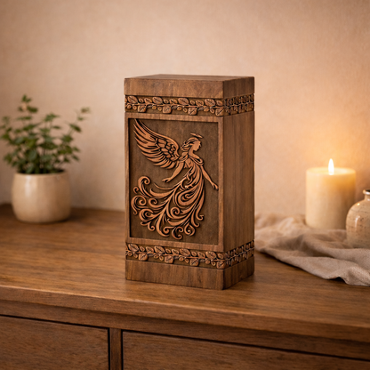 Hand-carved wooden angel cremation urn, angled view