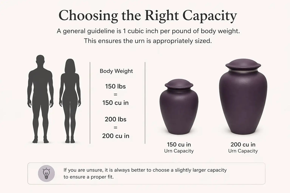 Cremation urn shown at full size for capacity reference