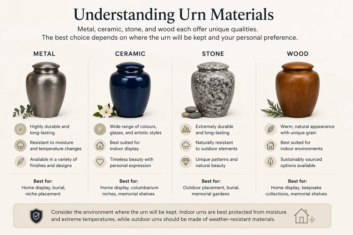 Cremation urns in different materials including metal and wood