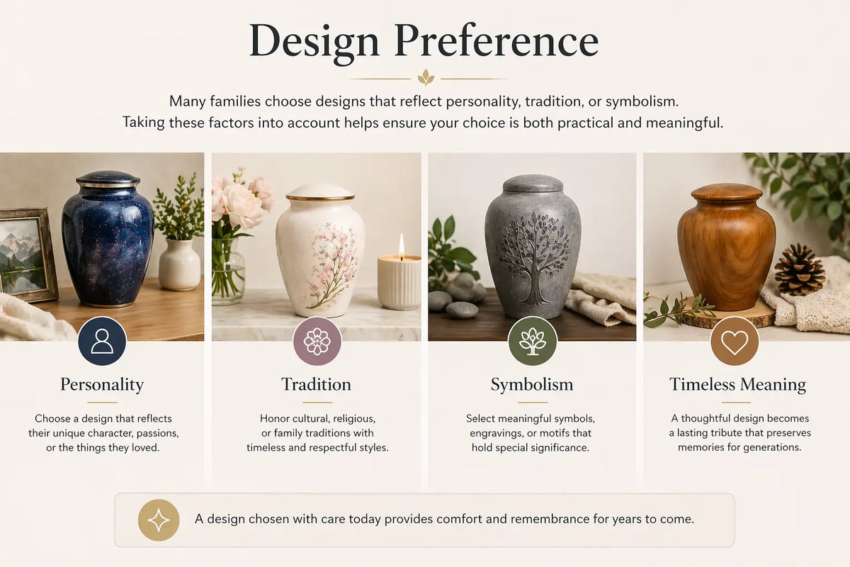 Decorative cremation urn with personalized design details