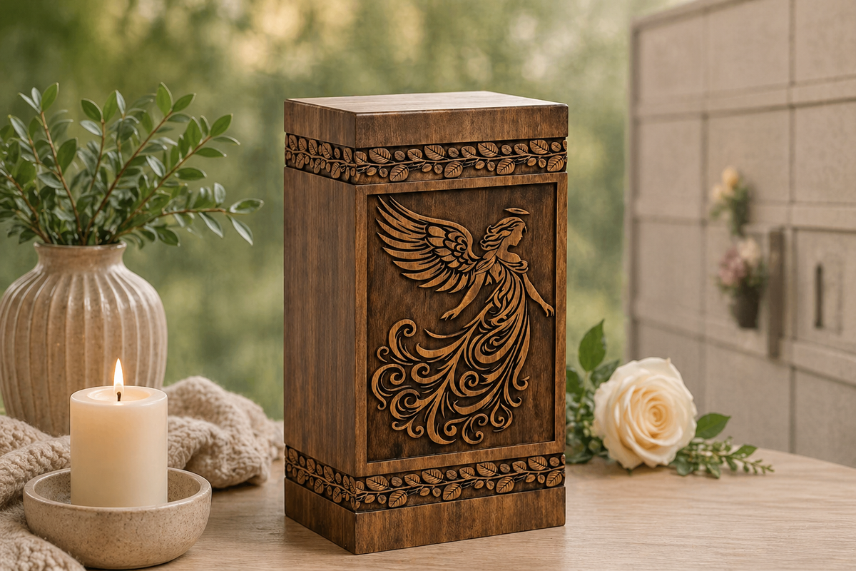 Hand-carved wooden angel cremation urn, side profile view