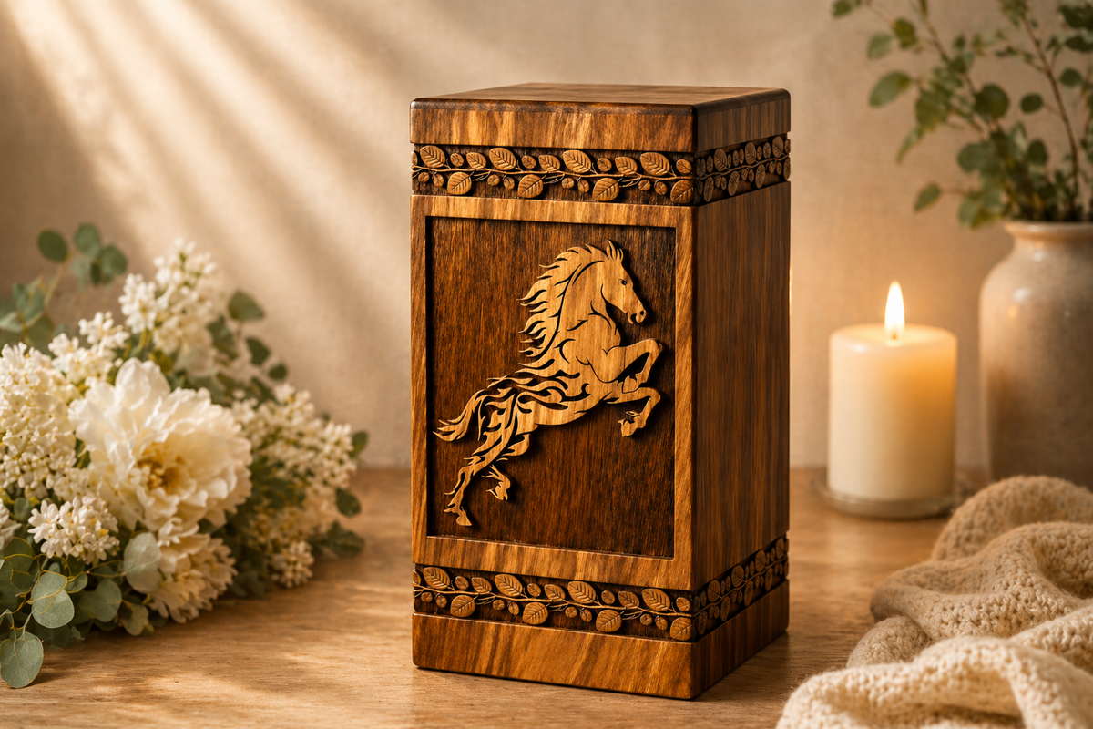 Hand-carved wooden horse urn displayed on a table