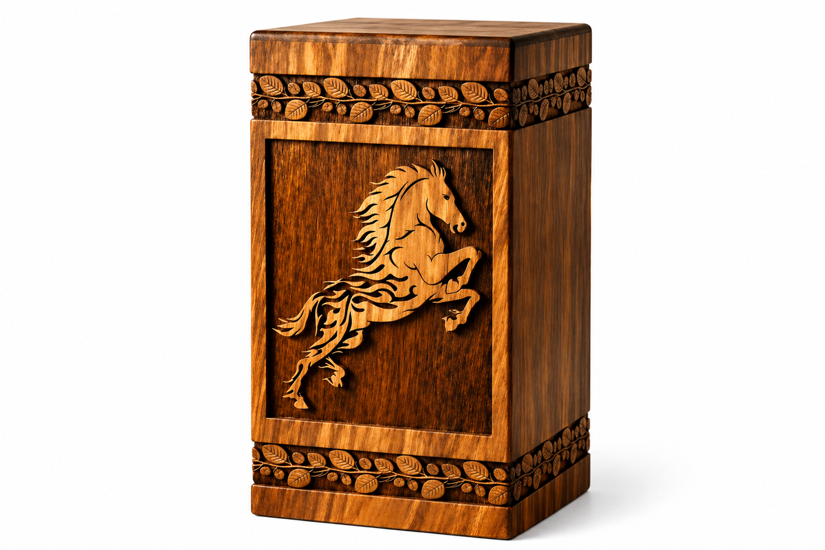 Hand-carved wooden horse cremation urn, close-up of wood grain finish
