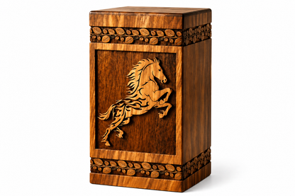 Hand-carved wooden horse cremation urn, close-up of wood grain finish