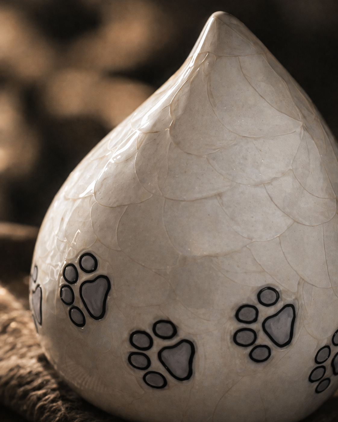 Ivory Paws teardrop urn, side profile view