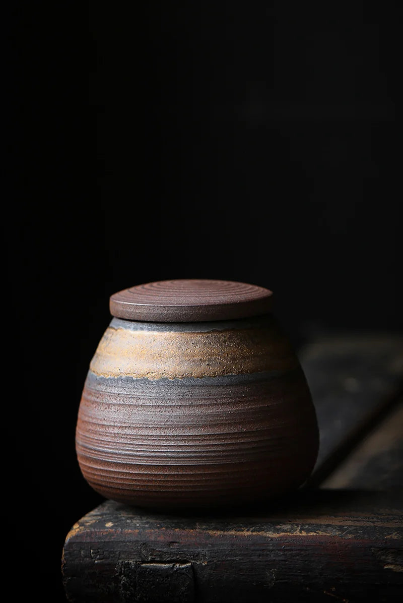 Small Handcrafted Keepsake Urn in ceramic finish, retro handcrafted design, top-down view