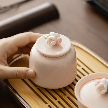 Pink Glaze Keepsake Urn in ceramic finish, pink glaze design, angled side view