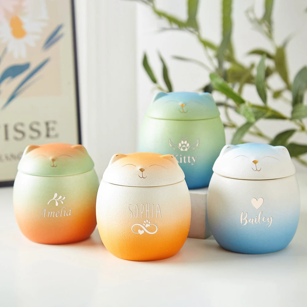 Cat Pet Urn in ceramic finish, whole-pet design, angled side view