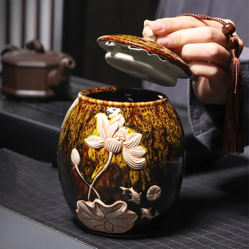 Lotus Engraved Keepsake Urn in ceramic finish, lotus engraved design, lid and closure detail