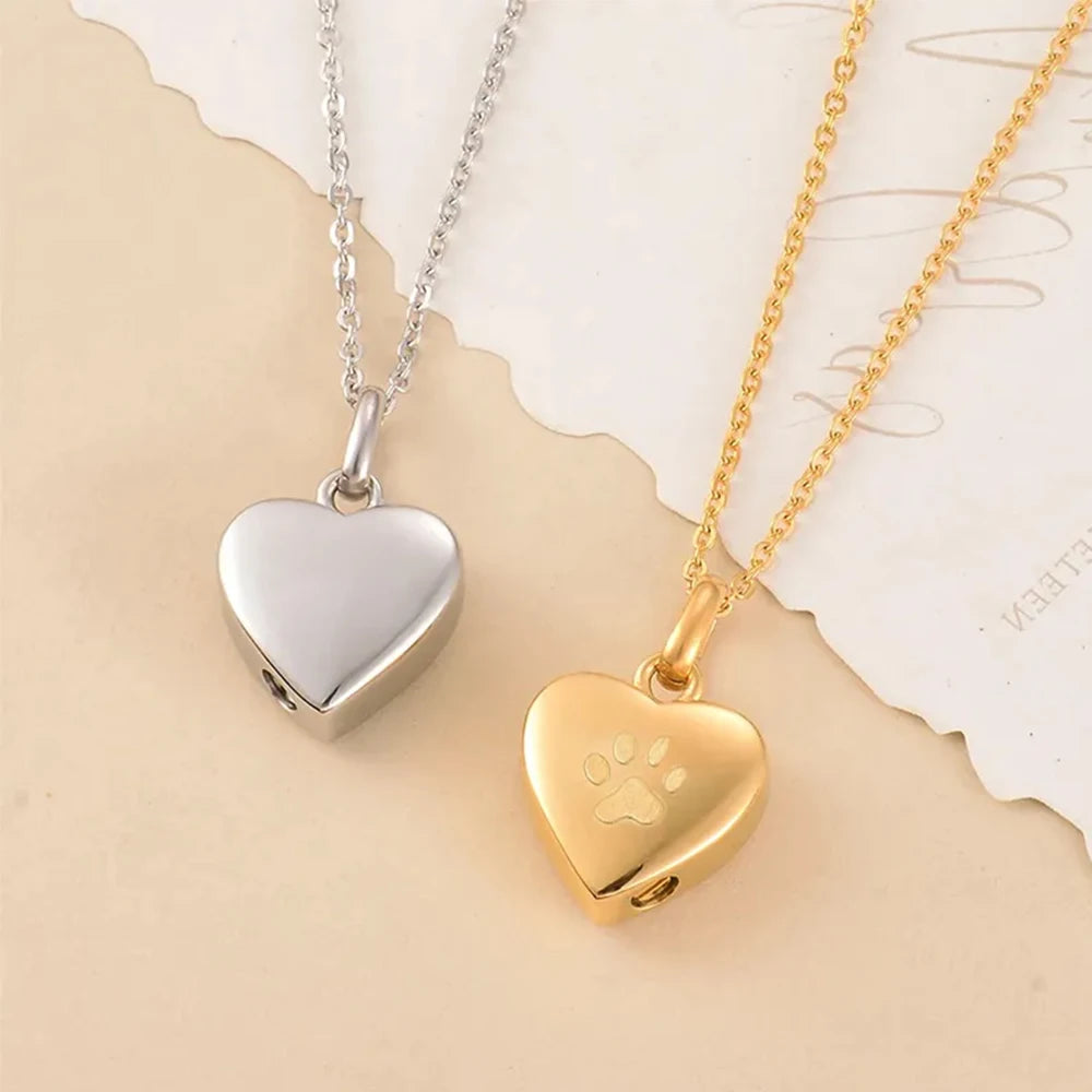 Heart Shaped Keepsake Necklace for Pets in stainless-steel finish, heart-shaped design, worn lifestyle shot