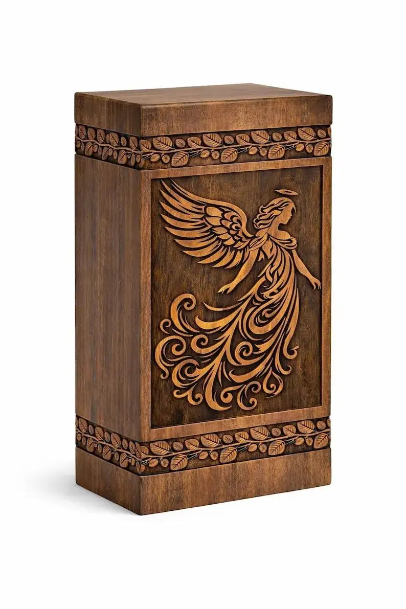 Hand-carved wooden angel cremation urn, close-up of wood grain finish