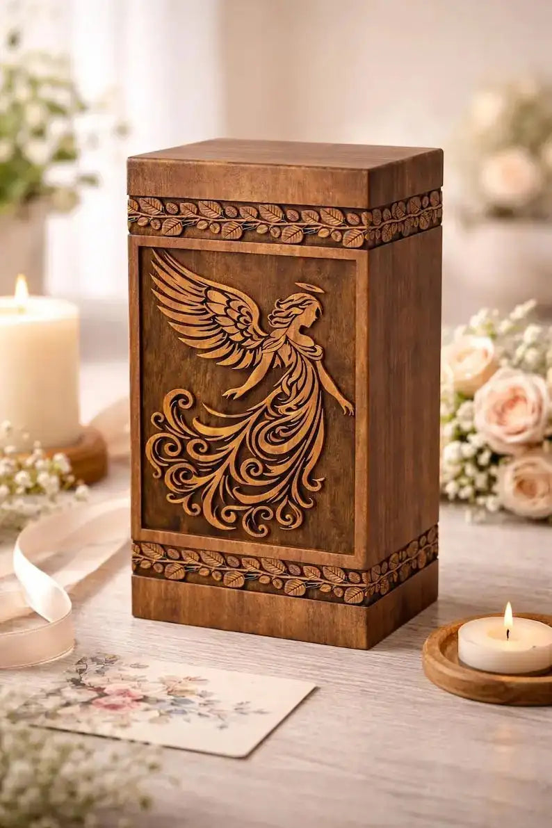 Hand-carved wooden angel urn, lid detail close-up