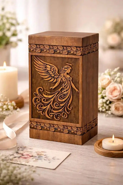 Hand-carved wooden angel urn, lid detail close-up