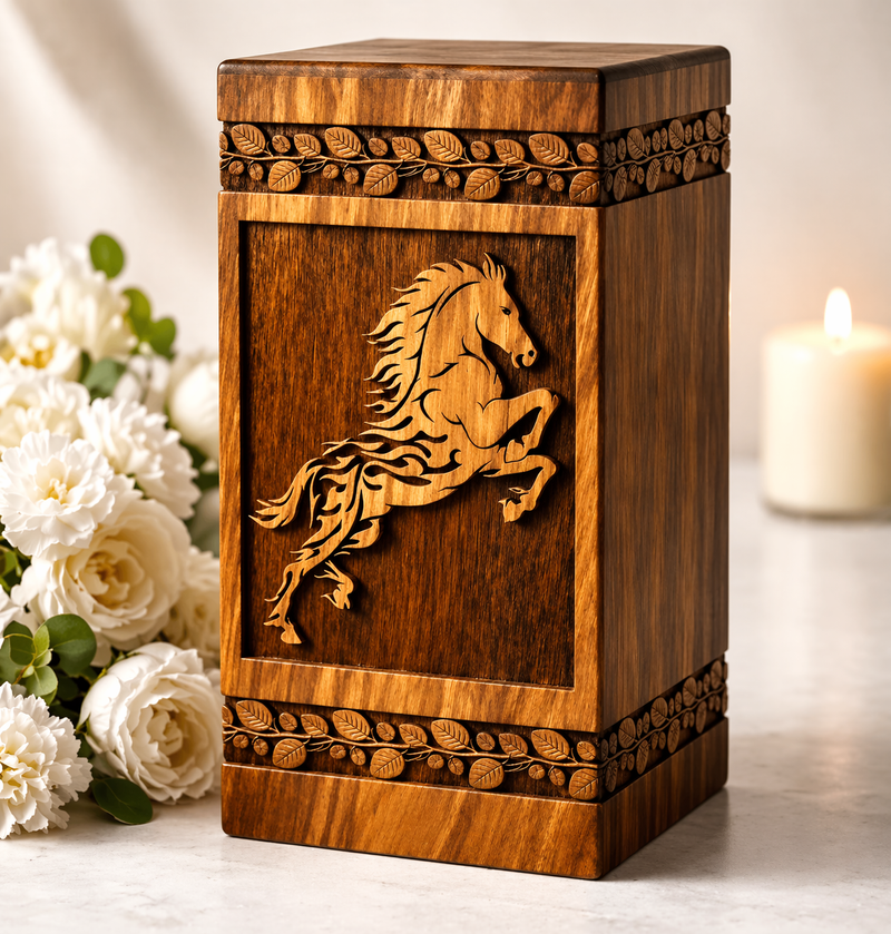 Hand-carved wooden horse urn, lid and base detail