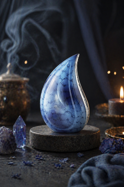 Aqua Veil teardrop urn, close-up of sculptural silhouette